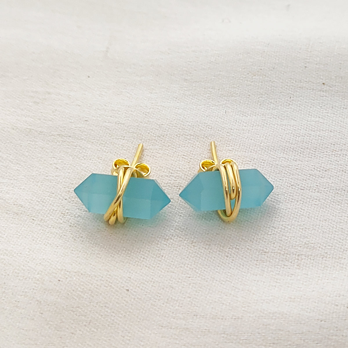 Aqua Chalcedony Stud Earrings 12x5mm Handmade Gold Vermeil Double Point Gemstone Jewelry- Selling Per Pair