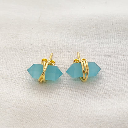 Aqua Chalcedony Stud Earrings 12x5mm Handmade Gold Vermeil Double Point Gemstone Jewelry- Selling Per Pair