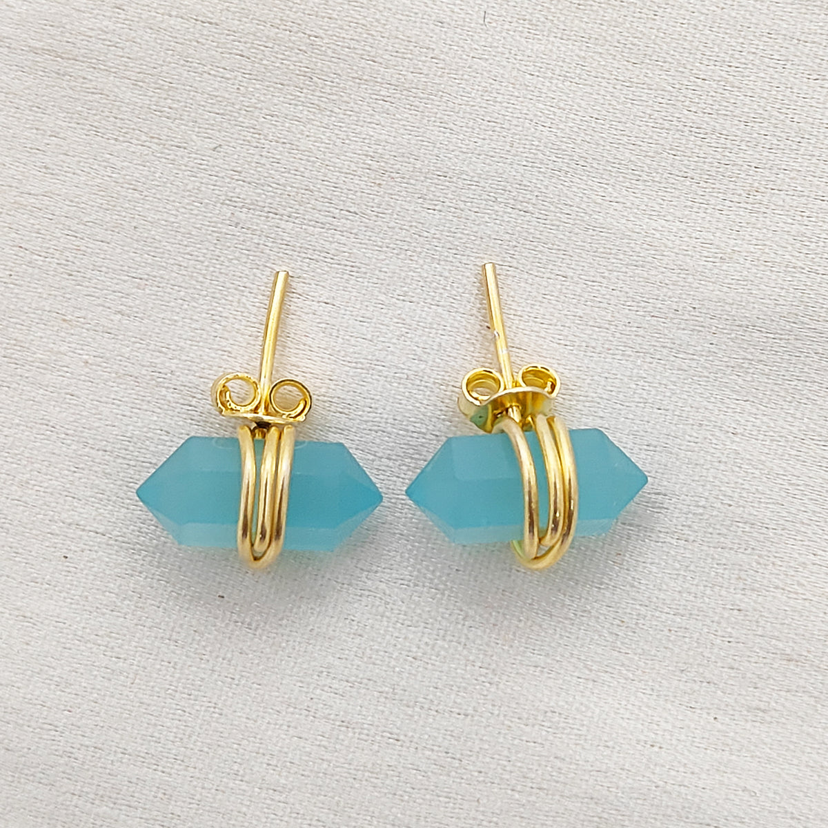 Aqua Chalcedony Stud Earrings 12x5mm Handmade Gold Vermeil Double Point Gemstone Jewelry- Selling Per Pair