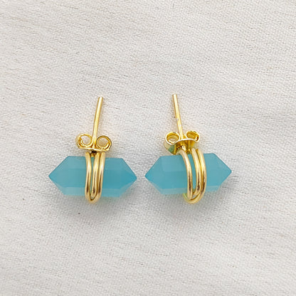 Aqua Chalcedony Stud Earrings 12x5mm Handmade Gold Vermeil Double Point Gemstone Jewelry- Selling Per Pair