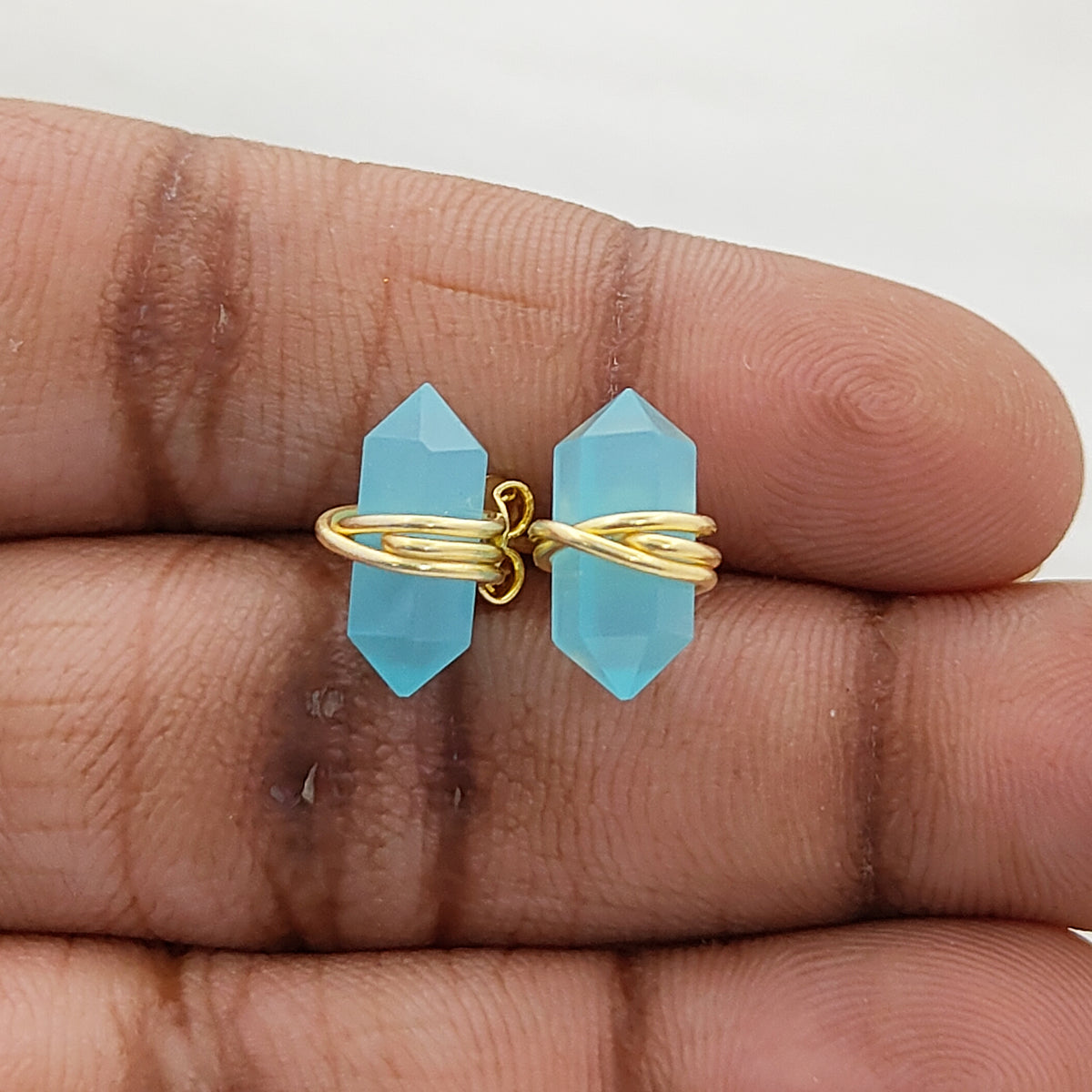 Aqua Chalcedony Stud Earrings 12x5mm Handmade Gold Vermeil Double Point Gemstone Jewelry- Selling Per Pair