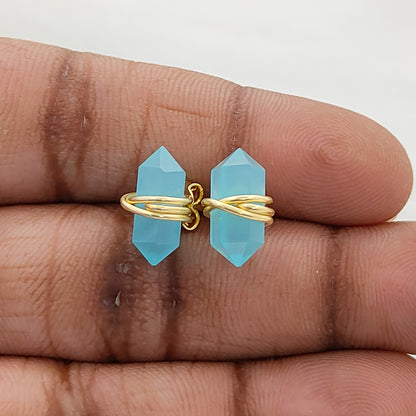 Aqua Chalcedony Stud Earrings 12x5mm Handmade Gold Vermeil Double Point Gemstone Jewelry- Selling Per Pair