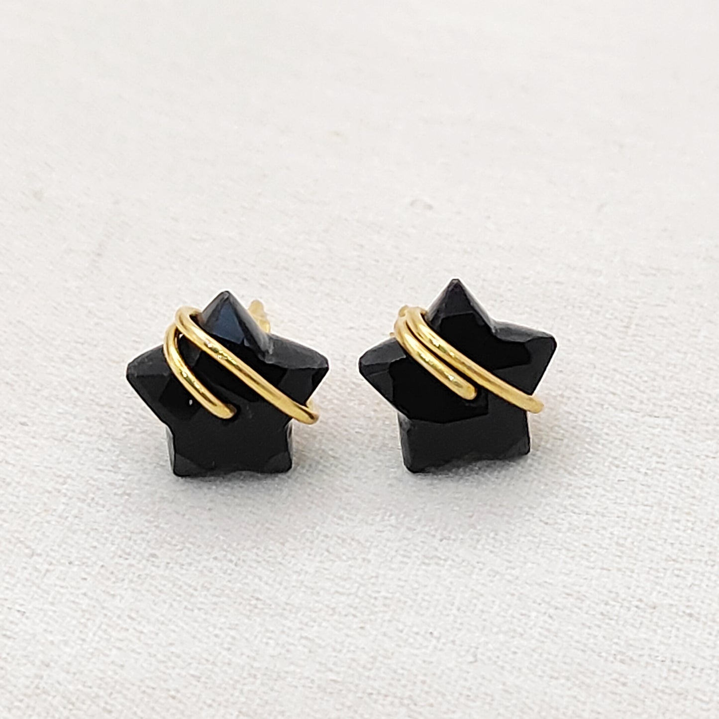 Handmade 10mm Black Onyx Star Earrings – Gold Plated Sterling Silver, Wire Wrapped, Dainty Boho Jewelry for Women- Selling Per Pair