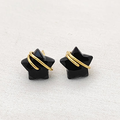 Handmade 10mm Black Onyx Star Earrings – Gold Plated Sterling Silver, Wire Wrapped, Dainty Boho Jewelry for Women- Selling Per Pair
