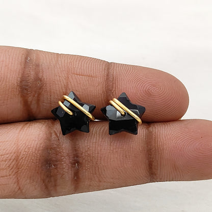 Handmade 10mm Black Onyx Star Earrings – Gold Plated Sterling Silver, Wire Wrapped, Dainty Boho Jewelry for Women- Selling Per Pair