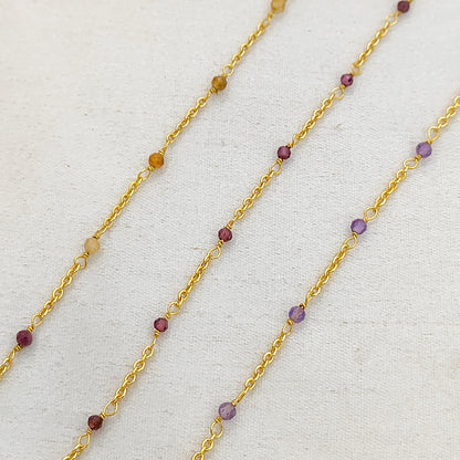 Gold Plated Gemstone Rosary Chain, Multi Stone Beaded Wire Wrap Chain for Dainty Layered Jewelry Designs - Selling Per Feet