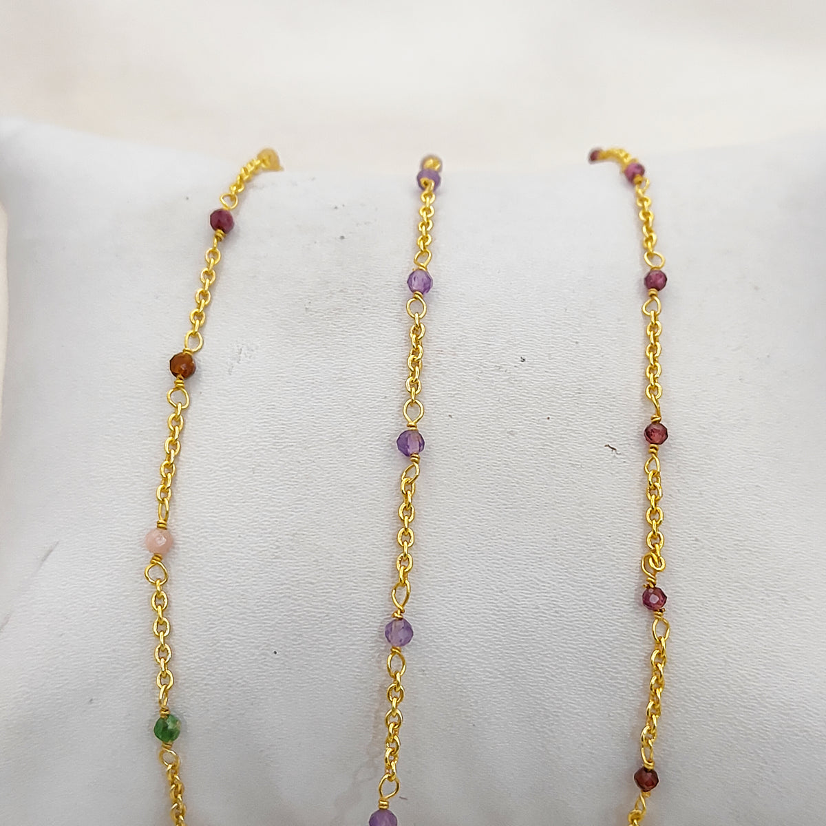 Gold Plated Gemstone Rosary Chain, Multi Stone Beaded Wire Wrap Chain for Dainty Layered Jewelry Designs - Selling Per Feet