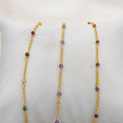 Gold Plated Gemstone Rosary Chain, Multi Stone Beaded Wire Wrap Chain for Dainty Layered Jewelry Designs - Selling Per Feet