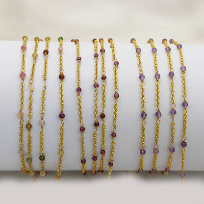 Gold Plated Gemstone Rosary Chain, Multi Stone Beaded Wire Wrap Chain for Dainty Layered Jewelry Designs - Selling Per Feet