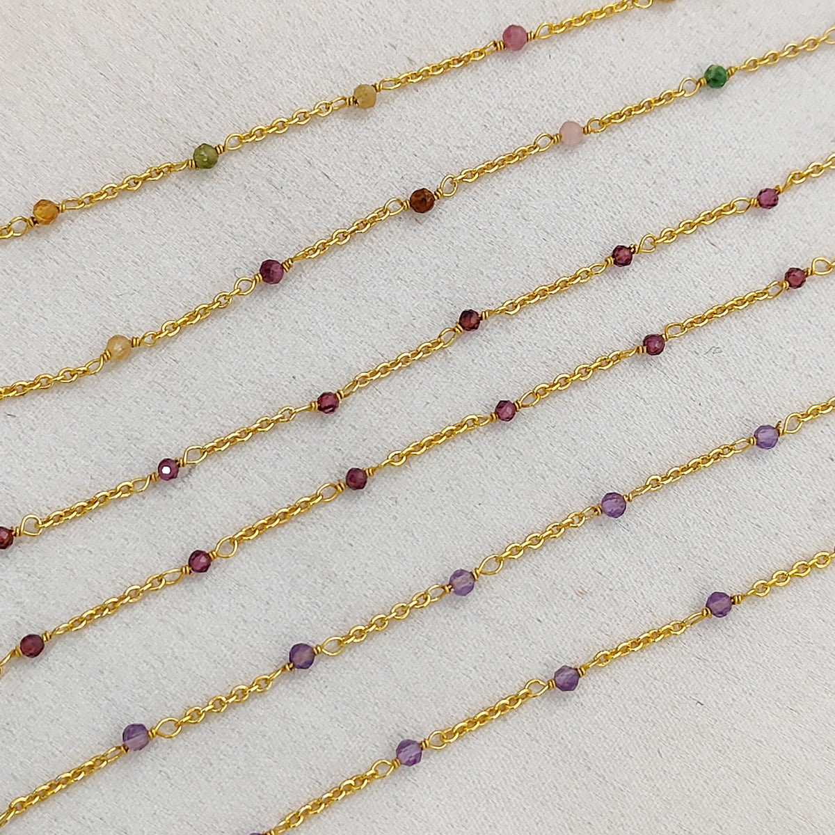 Gold Plated Gemstone Rosary Chain, Multi Stone Beaded Wire Wrap Chain for Dainty Layered Jewelry Designs - Selling Per Feet