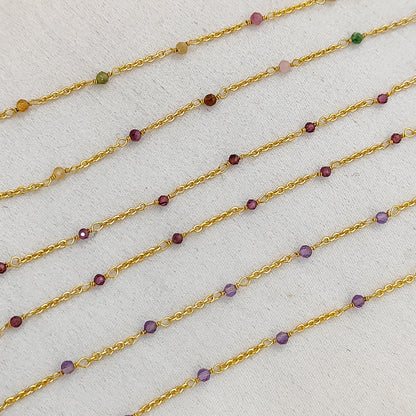 Gold Plated Gemstone Rosary Chain, Multi Stone Beaded Wire Wrap Chain for Dainty Layered Jewelry Designs - Selling Per Feet