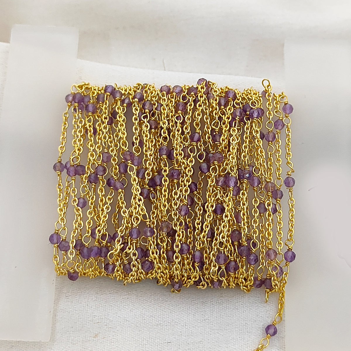 Gold Plated Gemstone Rosary Chain, Multi Stone Beaded Wire Wrap Chain for Dainty Layered Jewelry Designs - Selling Per Feet