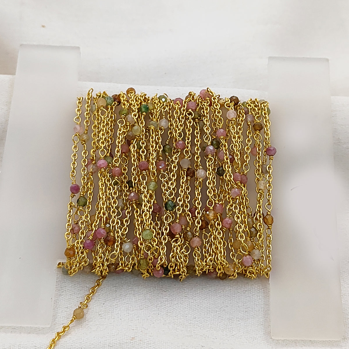 Gold Plated Gemstone Rosary Chain, Multi Stone Beaded Wire Wrap Chain for Dainty Layered Jewelry Designs - Selling Per Feet