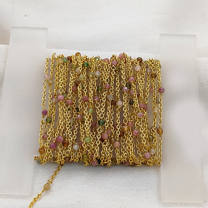 Gold Plated Gemstone Rosary Chain, Multi Stone Beaded Wire Wrap Chain for Dainty Layered Jewelry Designs - Selling Per Feet