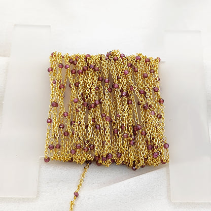 Gold Plated Gemstone Rosary Chain, Multi Stone Beaded Wire Wrap Chain for Dainty Layered Jewelry Designs - Selling Per Feet