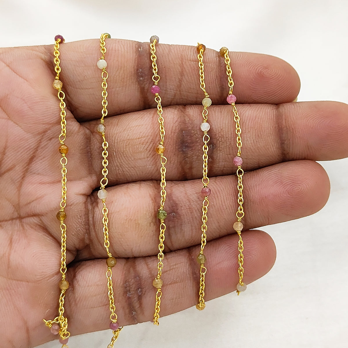 Gold Plated Gemstone Rosary Chain, Multi Stone Beaded Wire Wrap Chain for Dainty Layered Jewelry Designs - Selling Per Feet