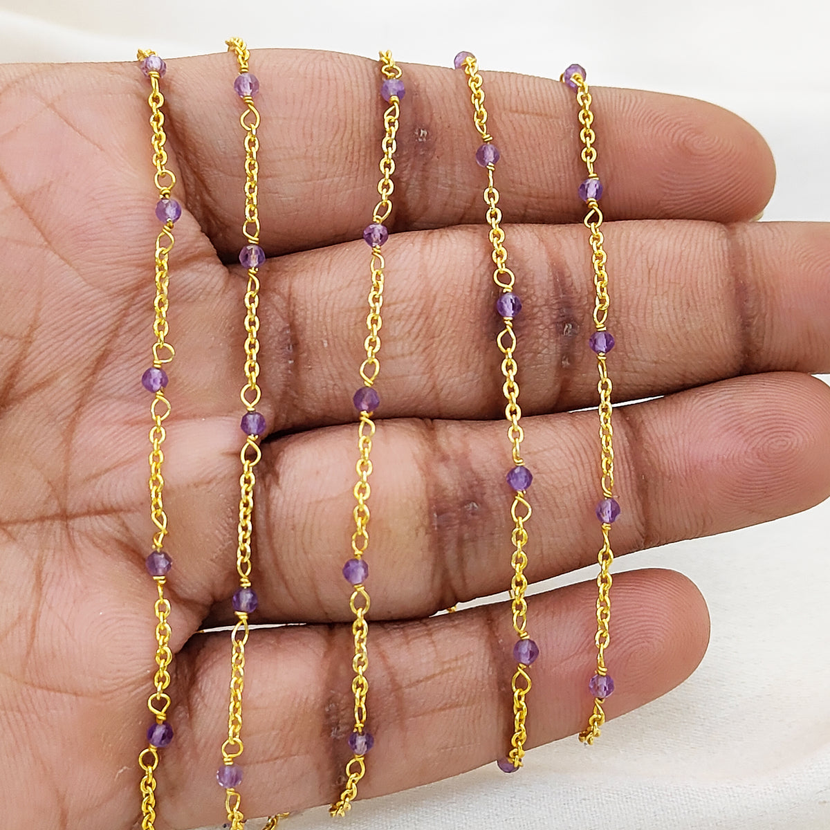 Gold Plated Gemstone Rosary Chain, Multi Stone Beaded Wire Wrap Chain for Dainty Layered Jewelry Designs - Selling Per Feet