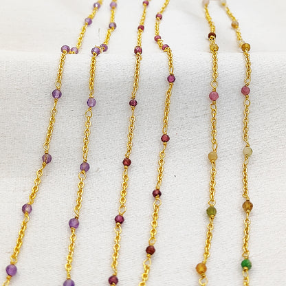 Gold Plated Gemstone Rosary Chain, Multi Stone Beaded Wire Wrap Chain for Dainty Layered Jewelry Designs - Selling Per Feet
