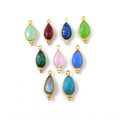 Solid Gold Plated 8x12mm Pear Shape Bezel Set Multi Gemstone Tiny Pendant for Jewelry Making- Selling Per Piece