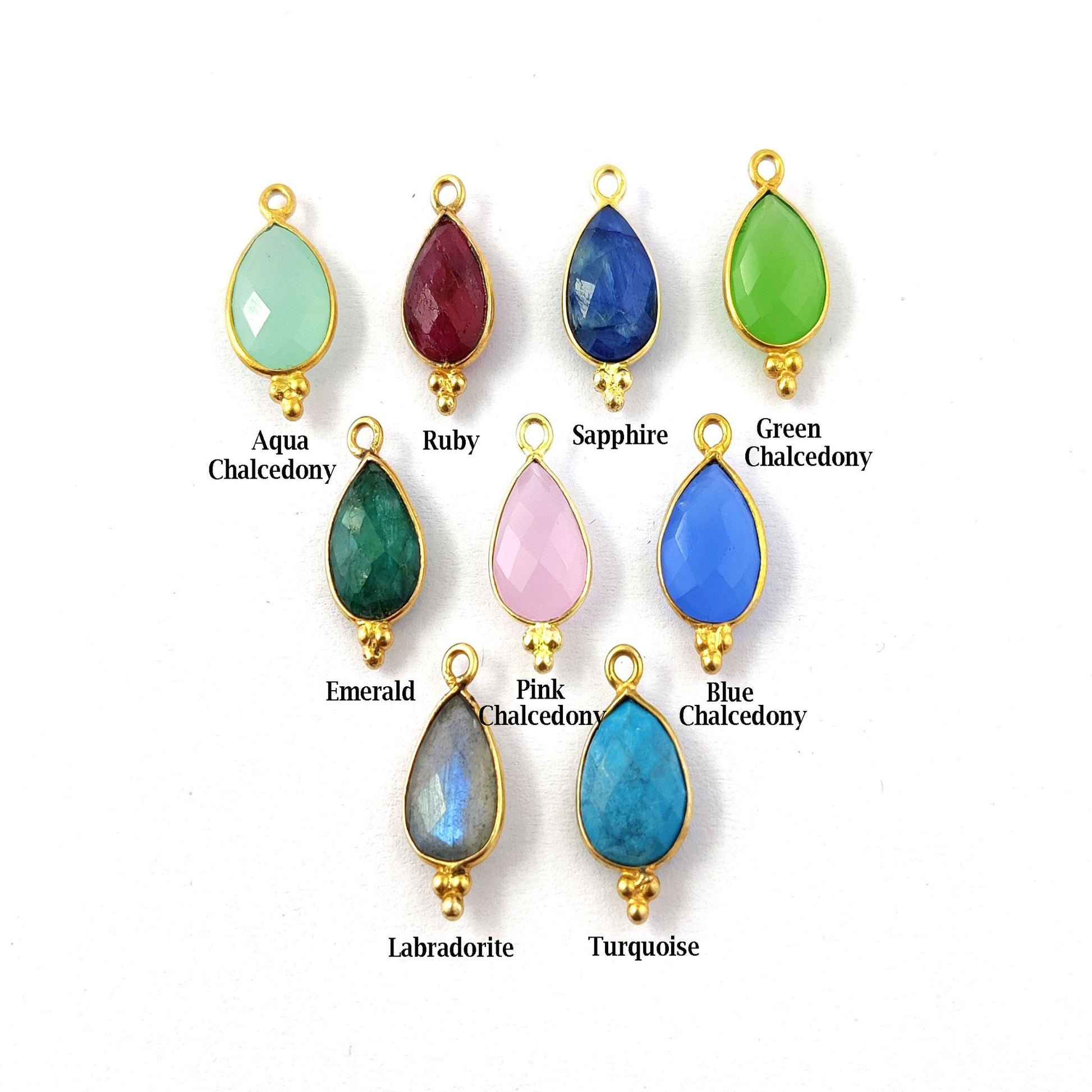 Solid Gold Plated 8x12mm Pear Shape Multi Gemstone Bezel Pendant