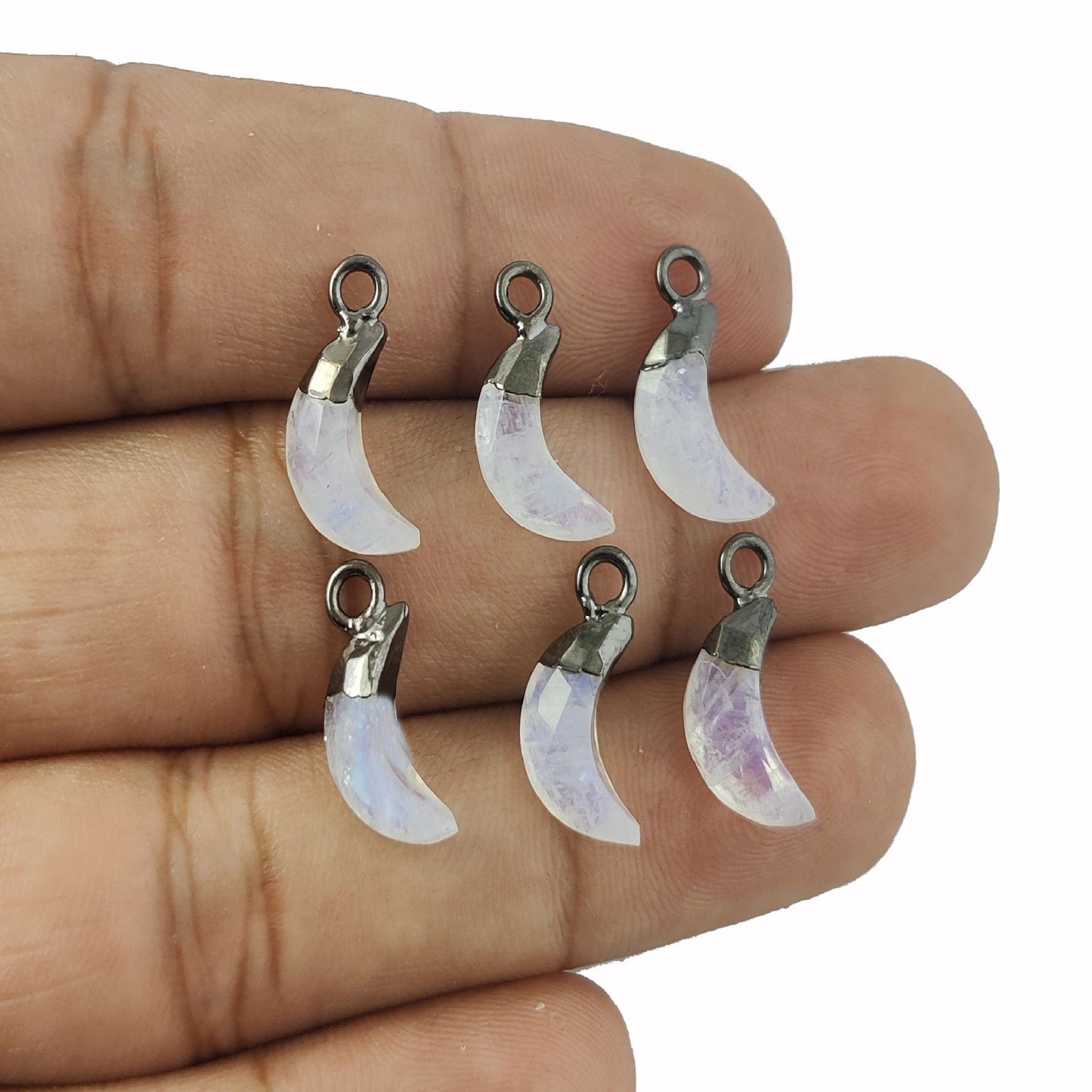 Rainbow Moonstone Gemstone Half Moon Crescent Tiny Charms Pendant Gold and Oxidized Plating Jewelry- Selling/Piece