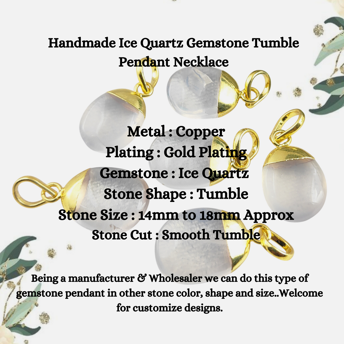 Handmade Ice Quartz Gemstone Tumble Pendant Necklace Gold Electroplated Energy Healing Jewelry For Her- Selling Per Piece