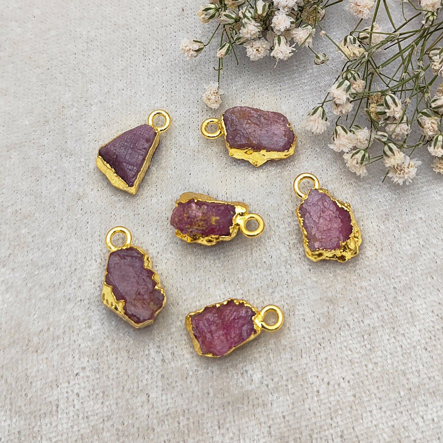 Raw Ruby Gemstone Pendant Gold-Electroplated Crystal for Empowerment, Chakra Healing & DIY Projects- Selling Per Piece