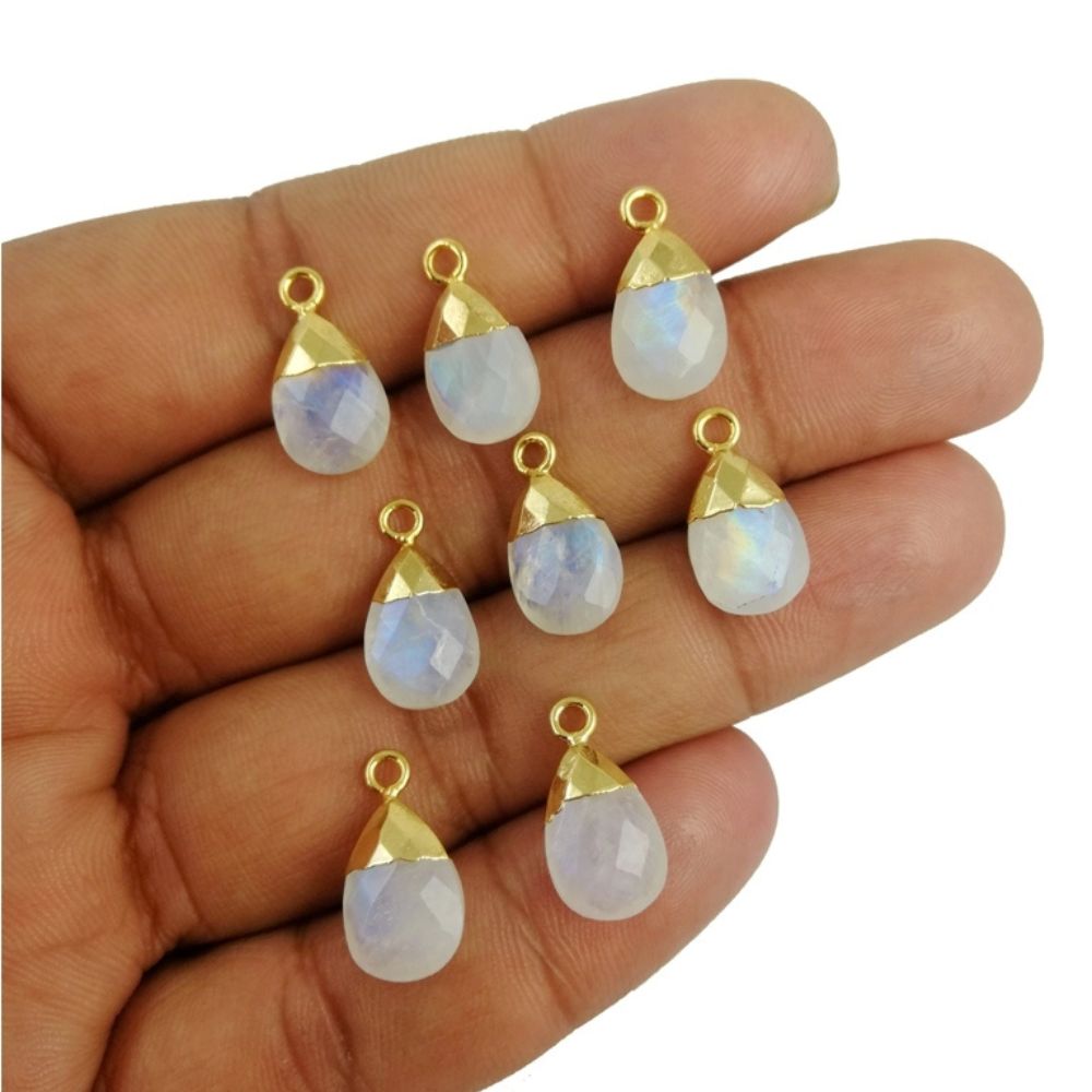 Rainbow Moonstone 13×9mm Teardrop Pendant, Gold Electroplated Handmade June Birthstone Gemstone for Jewelry Making - Selling Per Piece