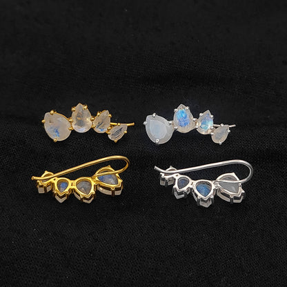 June Birthstone Rainbow Moonstone Statement Ear Climbers Gold Plated 925 Sterling Silver Jewelry