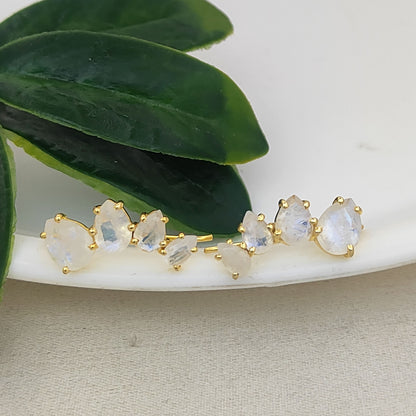 June Birthstone Rainbow Moonstone Statement Ear Climbers Gold Plated 925 Sterling Silver Jewelry