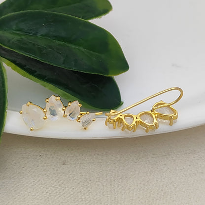 June Birthstone Rainbow Moonstone Statement Ear Climbers Gold Plated 925 Sterling Silver Jewelry