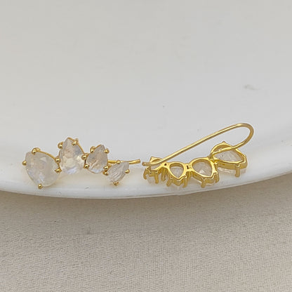 June Birthstone Rainbow Moonstone Statement Ear Climbers Gold Plated 925 Sterling Silver Jewelry