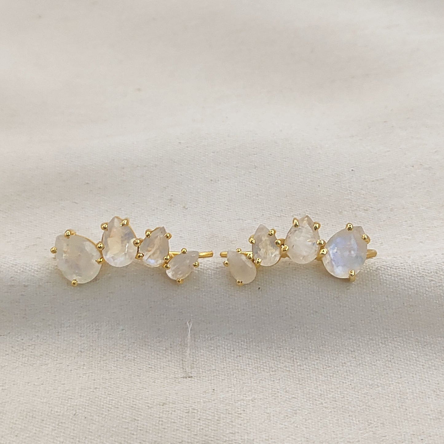 June Birthstone Rainbow Moonstone Statement Ear Climbers Gold Plated 925 Sterling Silver Jewelry