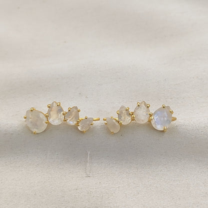 June Birthstone Rainbow Moonstone Statement Ear Climbers Gold Plated 925 Sterling Silver Jewelry