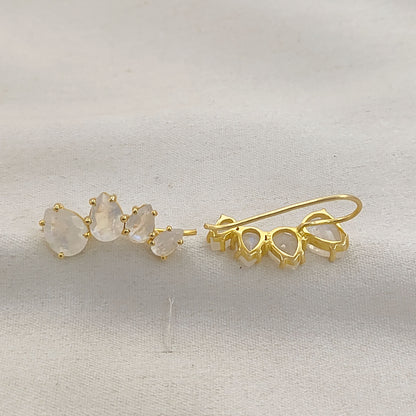 June Birthstone Rainbow Moonstone Statement Ear Climbers Gold Plated 925 Sterling Silver Jewelry