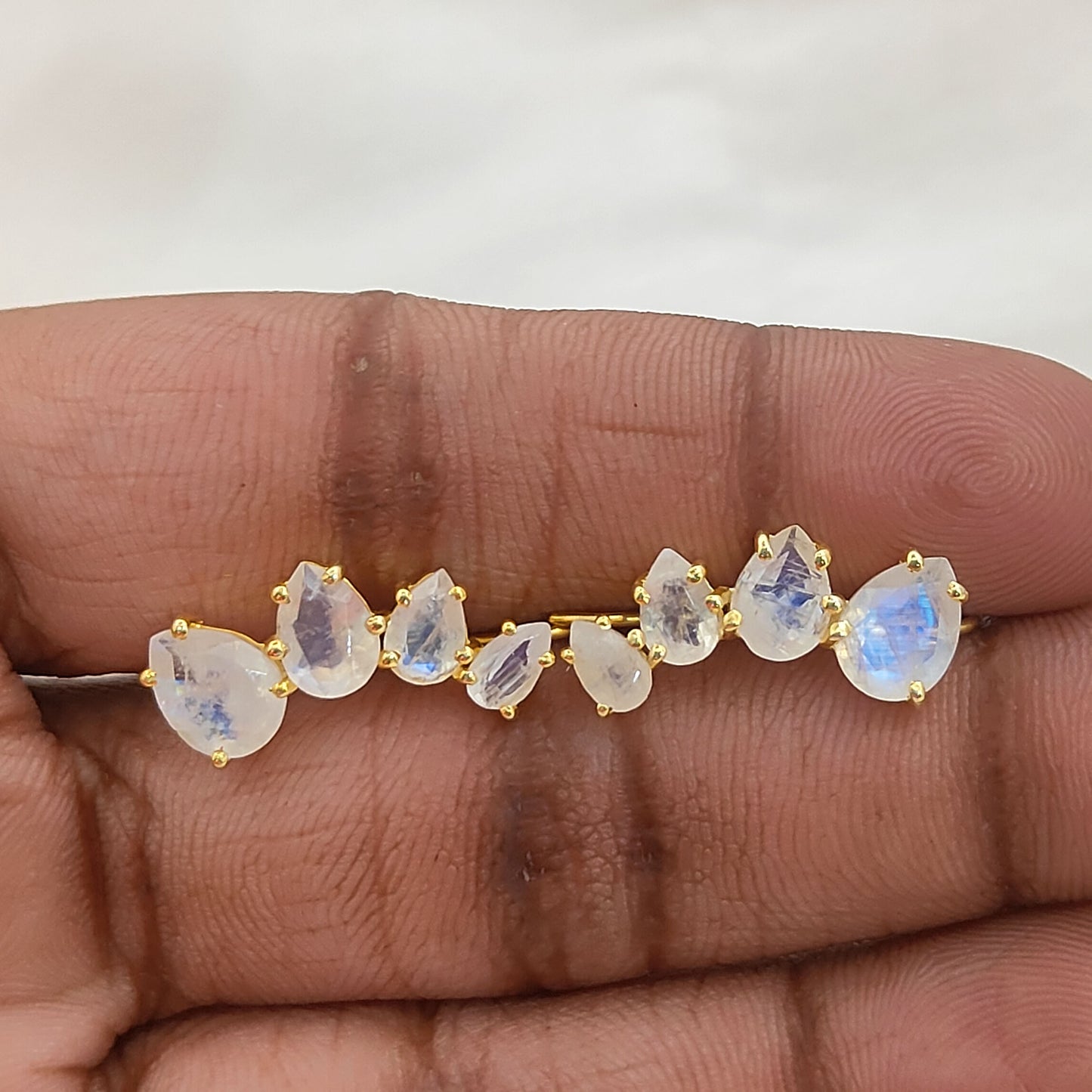 June Birthstone Rainbow Moonstone Statement Ear Climbers Gold Plated 925 Sterling Silver Jewelry