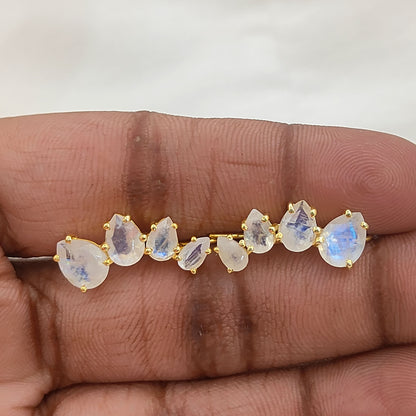 June Birthstone Rainbow Moonstone Statement Ear Climbers Gold Plated 925 Sterling Silver Jewelry