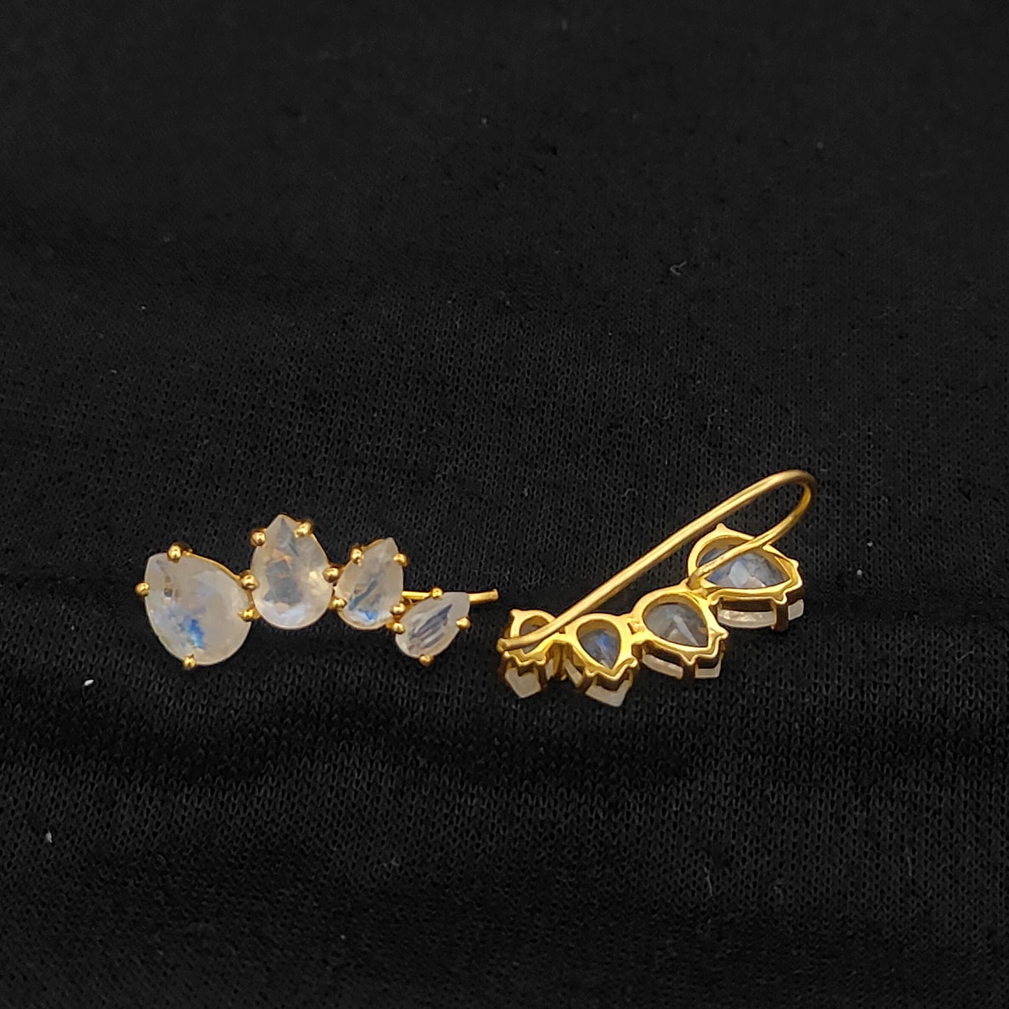 June Birthstone Rainbow Moonstone Statement Ear Climbers Gold Plated 925 Sterling Silver Jewelry