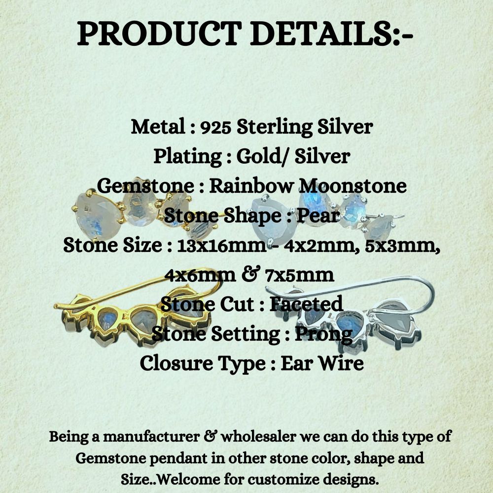 June Birthstone Rainbow Moonstone Statement Ear Climbers Gold Plated 925 Sterling Silver Jewelry