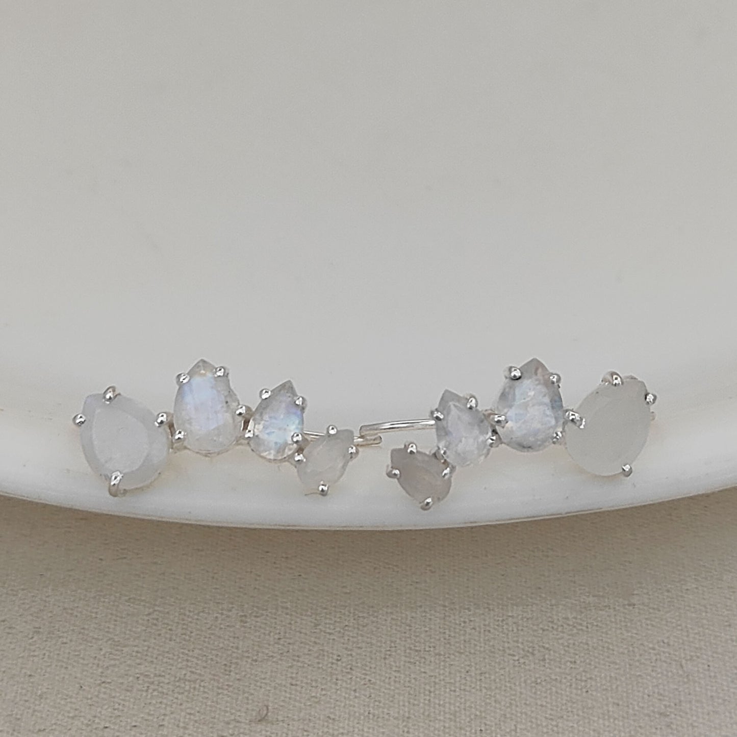 June Birthstone Rainbow Moonstone Statement Ear Climbers Gold Plated 925 Sterling Silver Jewelry