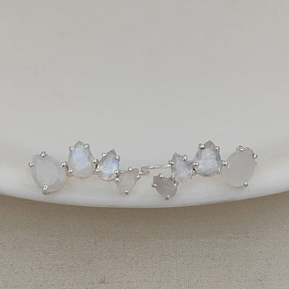 June Birthstone Rainbow Moonstone Statement Ear Climbers Gold Plated 925 Sterling Silver Jewelry