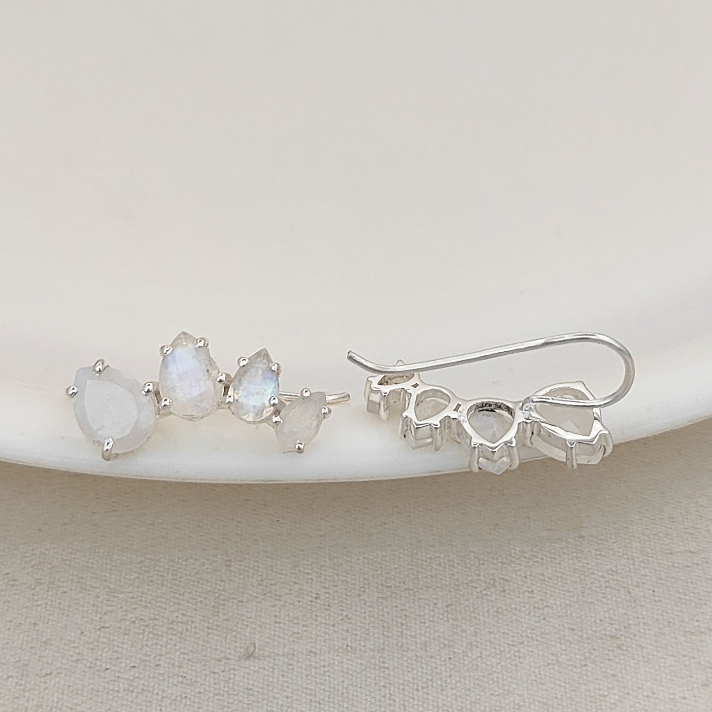 June Birthstone Rainbow Moonstone Statement Ear Climbers Gold Plated 925 Sterling Silver Jewelry
