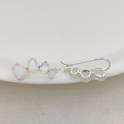 June Birthstone Rainbow Moonstone Statement Ear Climbers Gold Plated 925 Sterling Silver Jewelry