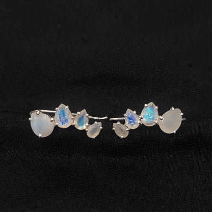 June Birthstone Rainbow Moonstone Statement Ear Climbers Gold Plated 925 Sterling Silver Jewelry