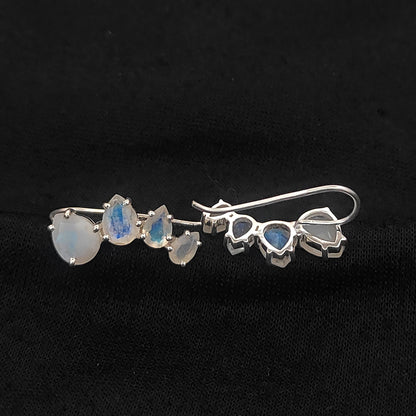 June Birthstone Rainbow Moonstone Statement Ear Climbers Gold Plated 925 Sterling Silver Jewelry
