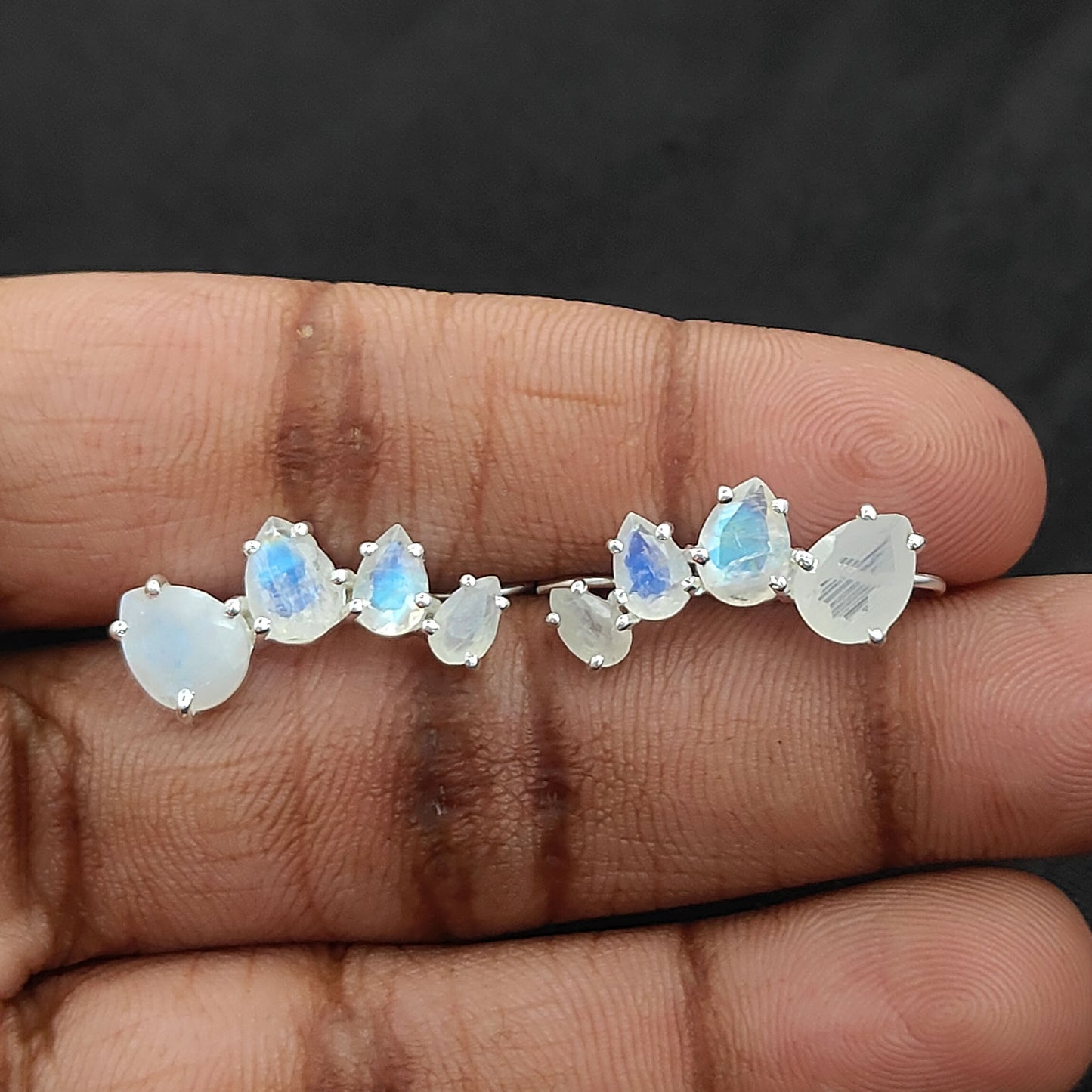 June Birthstone Rainbow Moonstone Statement Ear Climbers Gold Plated 925 Sterling Silver Jewelry