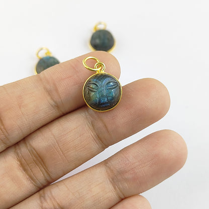 Labradorite Healing Crystal Moon Face Pendant Handmade Gold Plated 925 Sterling Silver Necklace Charm- Selling Per Piece