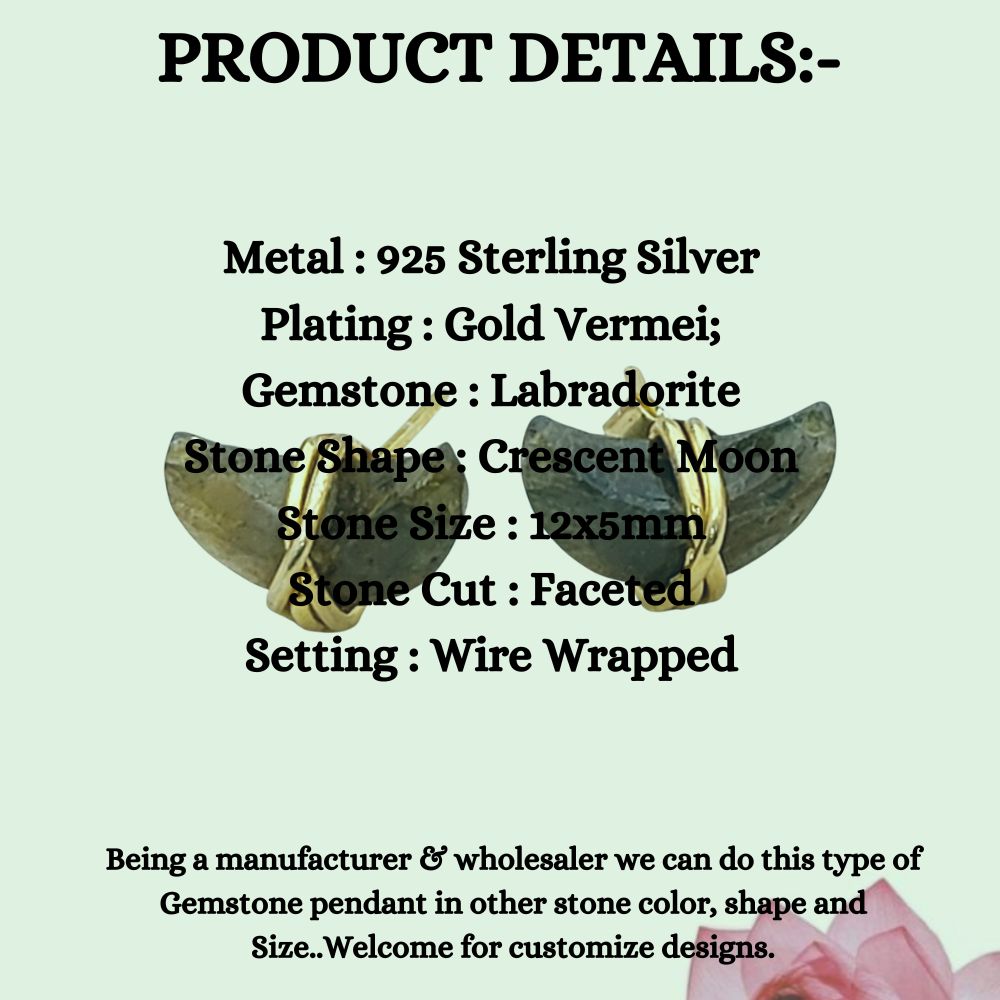 Labradorite Crescent Stud Earrings Dainty Handmade Gold Plated Sterling Silver Half Moon Jewelry Gift- Selling Per Piece