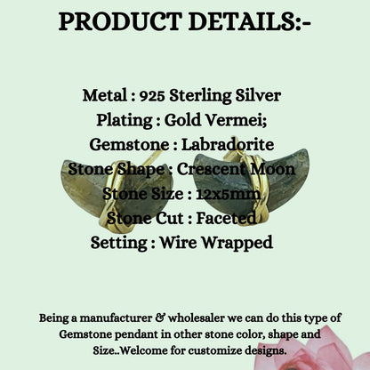 Labradorite Crescent Stud Earrings Dainty Handmade Gold Plated Sterling Silver Half Moon Jewelry Gift- Selling Per Piece