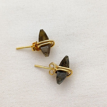 Labradorite Crescent Stud Earrings Dainty Handmade Gold Plated Sterling Silver Half Moon Jewelry Gift- Selling Per Piece